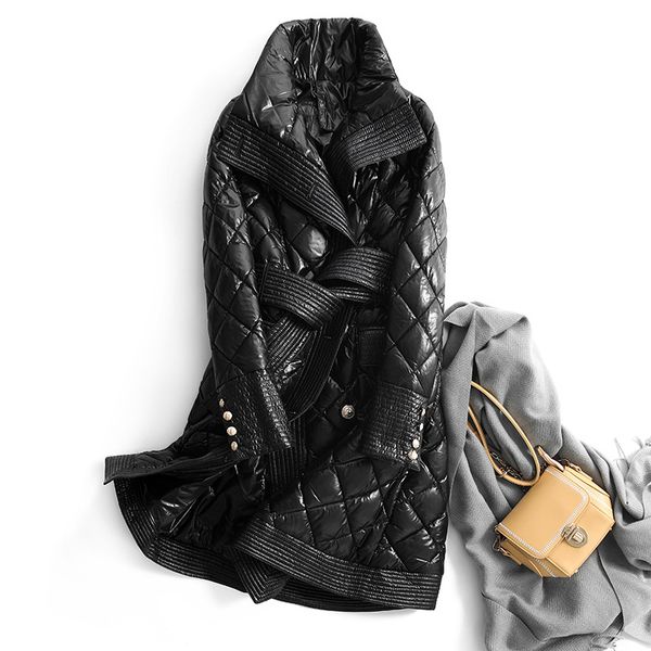 

fashion winter women duck down patchwork jacket coat parkas female stand collar lace up thicken black warm coat