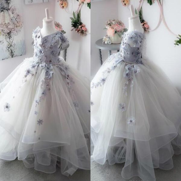 Mädchen-Blumenkleider mit Perlen für die Hochzeit, V-Ausschnitt, D-Blumenapplikationen, Festzugskleider, Tüll, bodenlang, Rüschen, Erstkommunionkleid