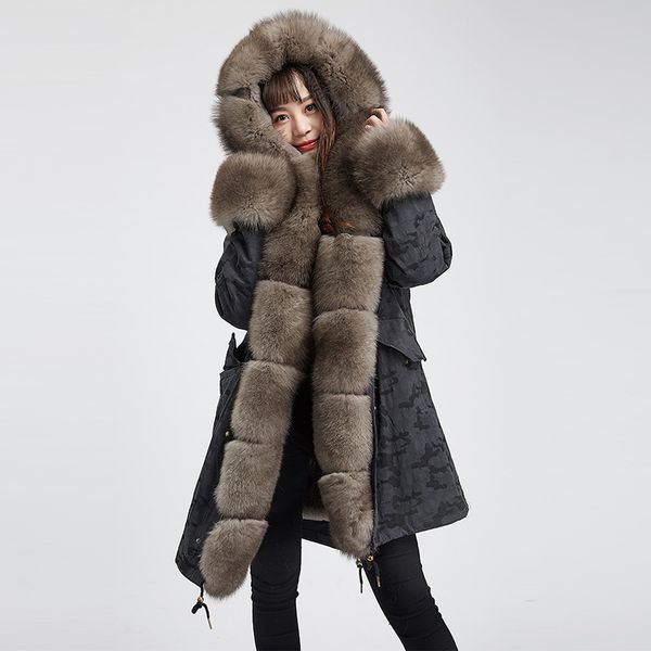 

large real fur collar and trim fashion removable natural rex fur liner parkas coats women camouflage jackets, Black