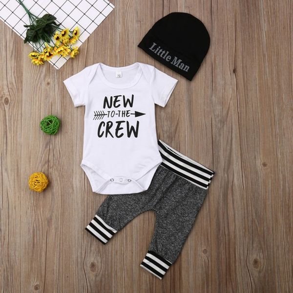 

baby boys clothes infant boys 3pcs bodysuit trousers hat short sleeved new fashion letter print cap striped pants, White