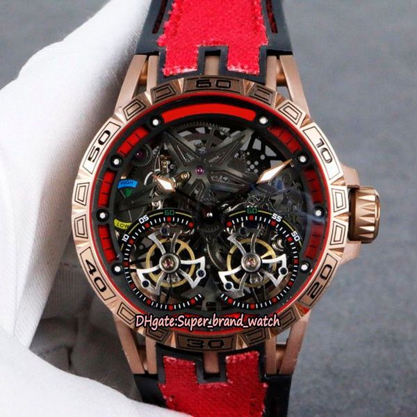 

excalibur 46mm rddbex0599 dlc coated titanium alloy case skeleton dial double tourbillon automatic mens watch designer watches, Slivery;brown