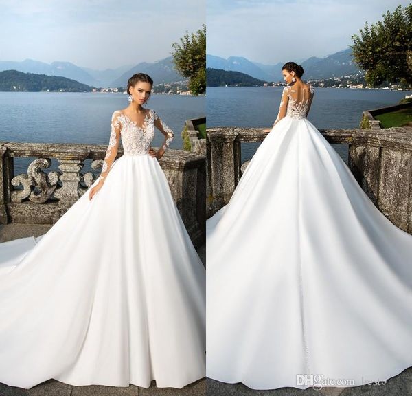 

new vintage milla nova wedding dresses sheer long sleeves lace appliqued button back satin wedding gowns women country western bridal gowns, White