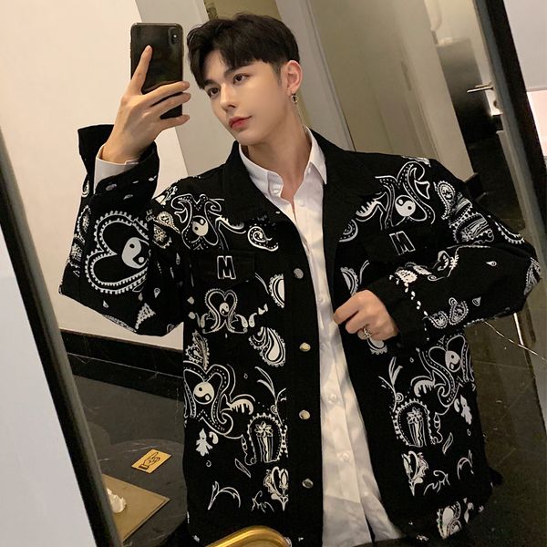 

2019 autumn new print pattern personality tide men's jacket super handsome youthful casual coat size s-xl, Black;brown