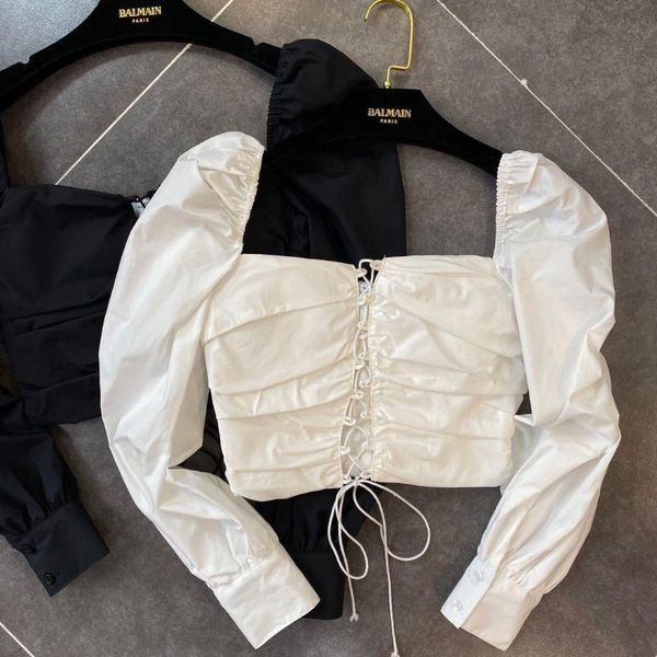 

deat 2020 spring summer long puff sleeve square collar short lace up blouse women mh936, White