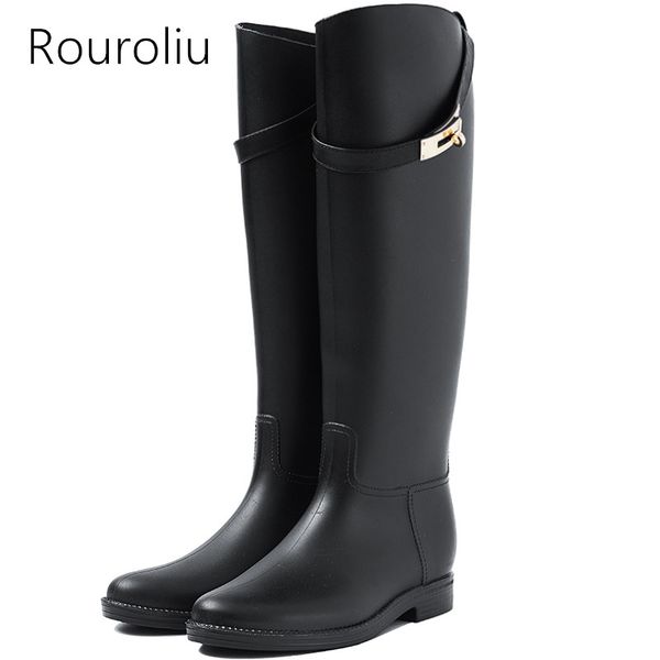 

rouroliu women rubber rain boots motorcycle knee-high rainboots buckle waterproof water shoes woman wellies boots ts132, Black