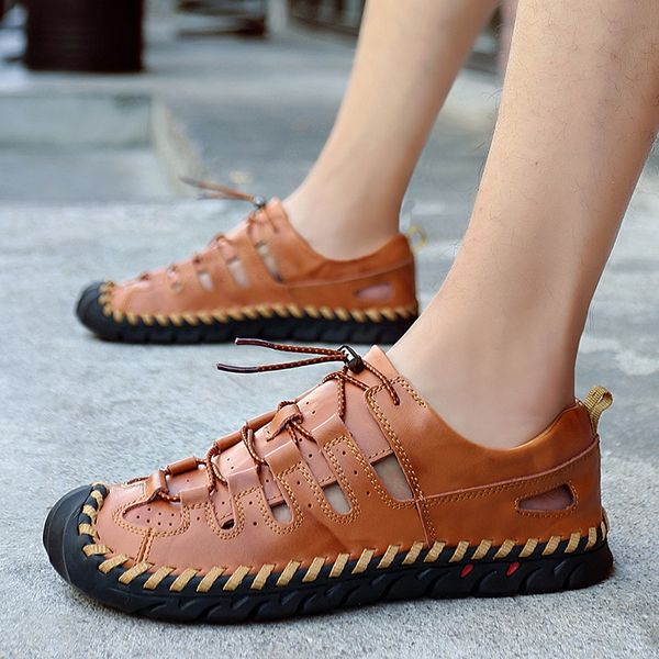 

summer genuine leather sandals men handmade classic for male handmade soft walking beach sandalias sandal slides big size 48, Black