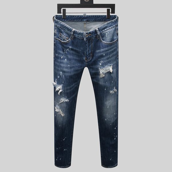 

summer 2020 new men's tattered trendy comfortable straight long jeans are generous and designed by the master, Blue