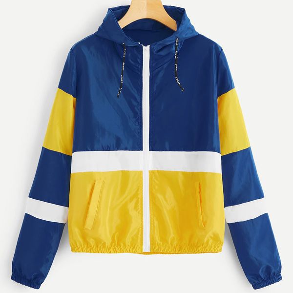 

women basic jackets 2019 female long sleeve patchwork thin skinsuits windbreaker jacket women hooded zipper pockets coat, Black;brown