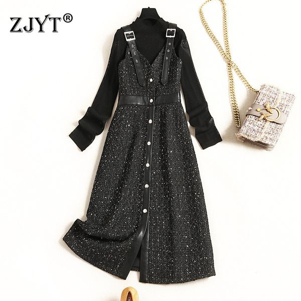 

runway fashion winter dress woman clothes 2019 new lady long sleeve base black and strap tweed woolen dress 2piece sets, Black;gray