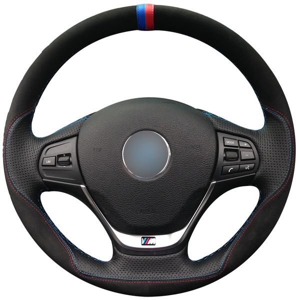 

hand sewing custom black suede black leather car steering wheel cover for bmw f30 316i 320i 328i