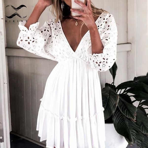 

bikinx summer 2019 embroidery women beach dress hollow out bikini cover up ruffle cotton summer skirt casual beach wear new, Blue;gray