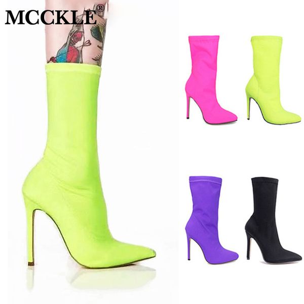 

mcckle autumn shoes women mid calf boots pointed toe candy color fashion ladies slip on thin high heels female shoes 2019, Black