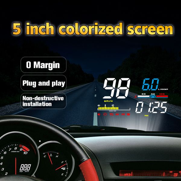 

d5000 5"car hud head up display obd obd2 diagnostic tool digital lcd speedometer windshield screen projector speeding warning