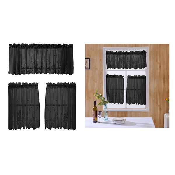 

embroidered lace sheer curtain kitchen valance tiers short drape black