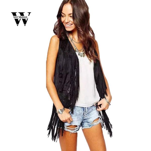 

2018 women autumn winter faux suede ethnic sleeveless tassels fringed vest cardigan drop shipping apr 22, Black;white