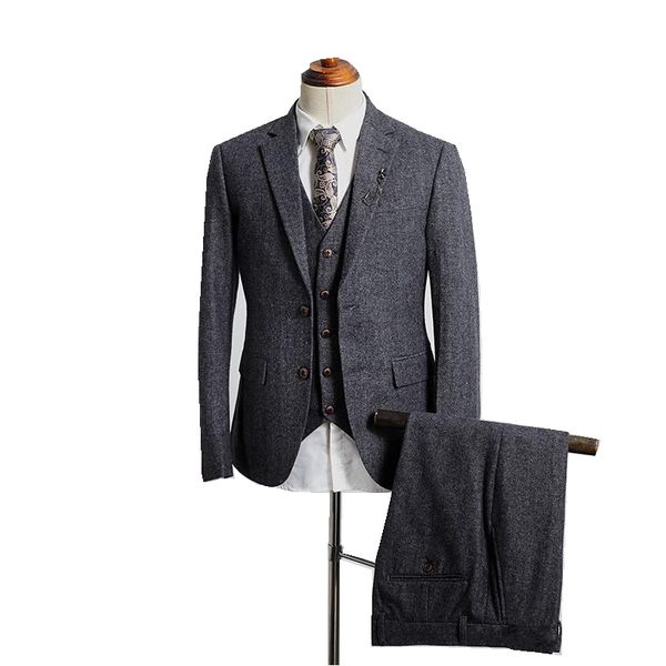 Immagine reale Inverno Grigio Tessuto Tweed Uomo Abiti da lavoro Smoking dello sposo Uomo Cappotto Gilet Pantaloni Set Giacca Gilet Pantaloni T223O