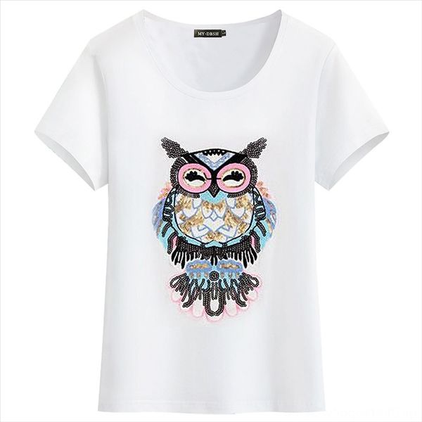 

t-shirt 2020 summer short-sleeved delicate owl handmade slim fashion t-shirt women's sequins 2020 summer short-sleeved delicate owl han, White