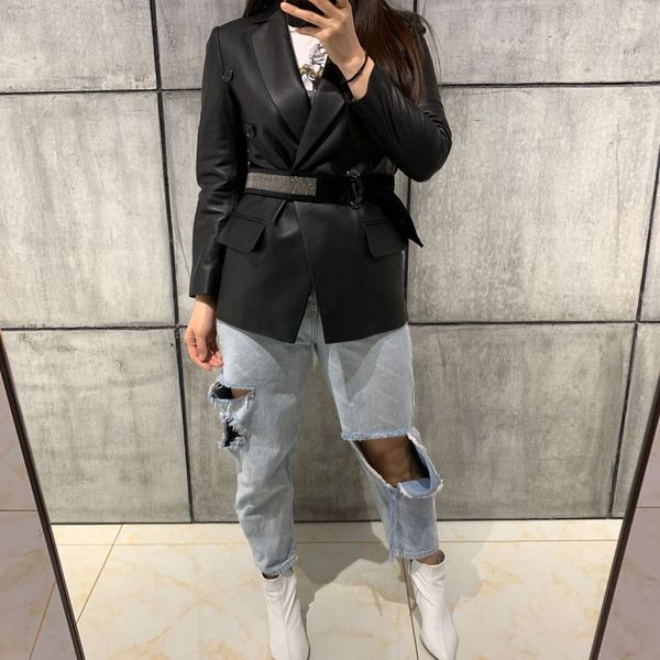 

lady leather blazer women real leather jacket lambskin jacket, Black