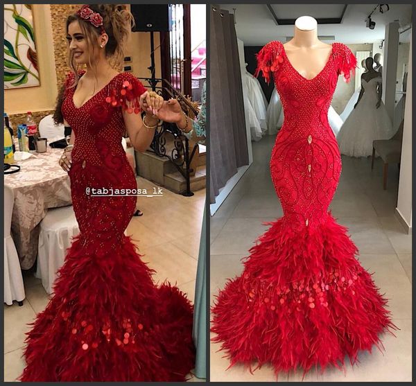 Rote Sexy V-Ausschnitt Meerjungfrau Kleider für besondere Anlässe Plus Size Balck Girl Ballkleider Lange Kleider Abendkleider Kleider Echte Muster 2019