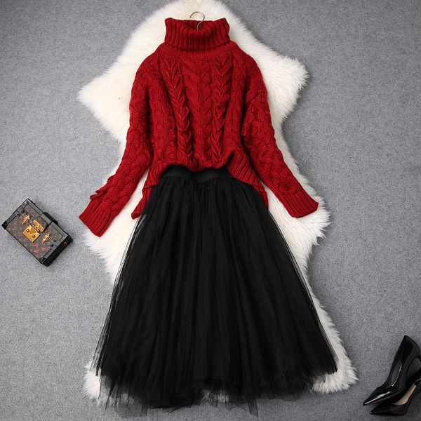 

european and american women's clothing 2018 winter new style long-sleeved twist turtleneck sweater net yarn skirts suit, White