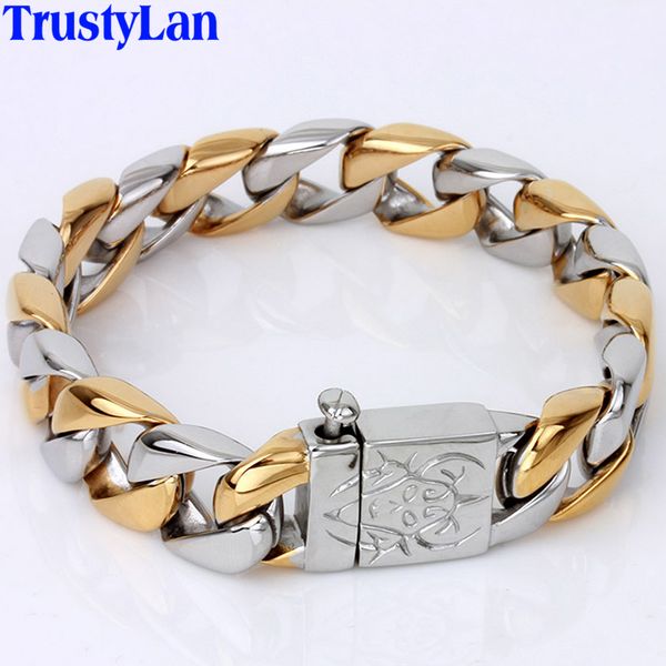 

thick chain solid gold color stainless steel men bracelet male biker skull hand jewelry friendship mens bracelets & bangles, Golden;silver