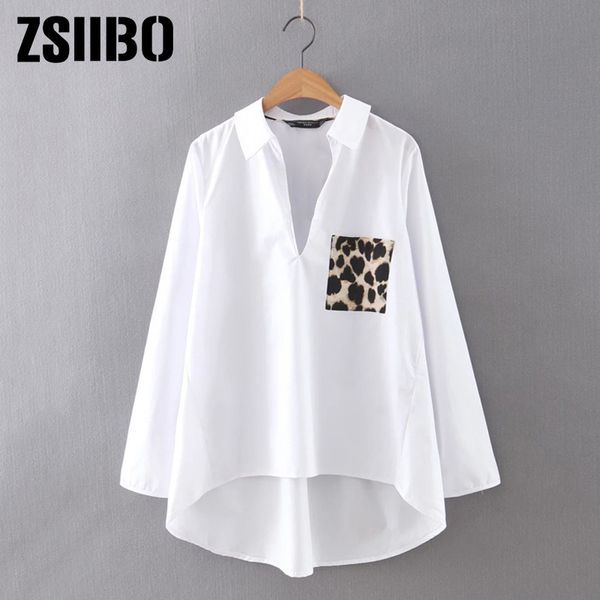 

patched leopard pocket dip hem white blouse women clothes plus size casual long sleeve ladies solid loose blouses clothing