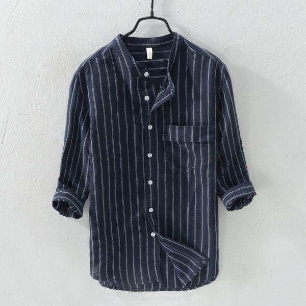

striped cotton linen casual short sleeve mandarin collar slim fit men summer social business shirt male ts-405, White;black