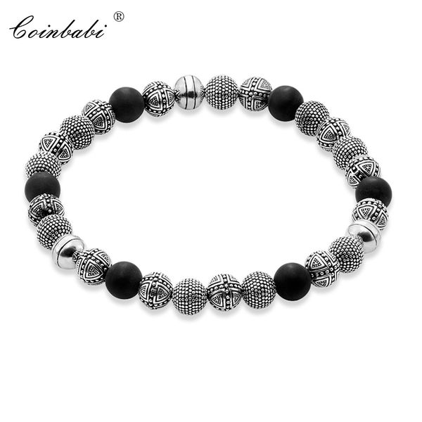 

bracelets silver beads and obsidian 925 sterling silver for men trendy gift style heart rebel ts masculine bracelets, Black