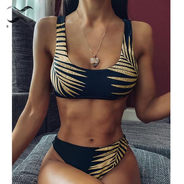 

bikinis set vintage leave print bikini 2021 mujer bandeau swimsuit female high cut bathing suit swimwear women summer bathers biquini