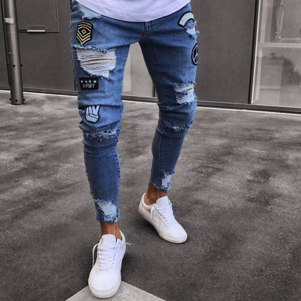 

2019 new style fashion skinny jeans men stylish ripped jeans pants skinny slim straight frayed denim trousers men clothes 3xl, Blue