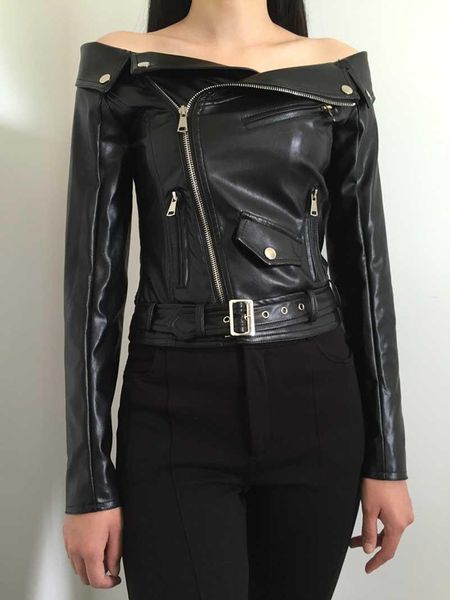 

2019 autumn women faux leather jacket off the shoulder gothic black motorcycle jackets zippers short goth female pu coat