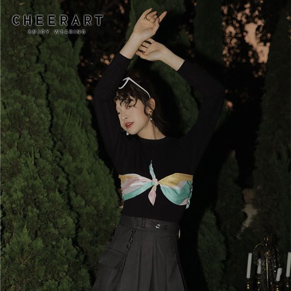 

cheerart designer long sleeve t shirt women patchwork colorfull corselet black tight tee shirt 2020 spring fashion, White