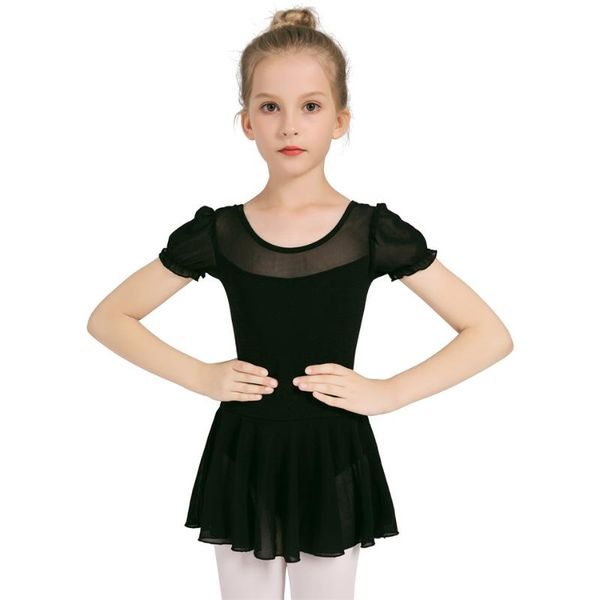 

danshow teen kids short sleeve ballet dance gymnastics leotard girls ballerina tutu dress for stage performance, Black;red
