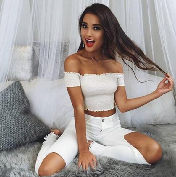 

2017 женская сексуальная лето с плеча майка жилет без рукавов лето сплошной цвет растениеводство топы горячие продажа, White