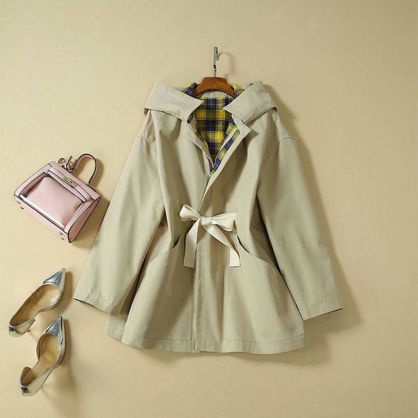 

european and american women's clothing 2019 winter new style long sleeve hooded fashion lace-up trench coat, Tan;black