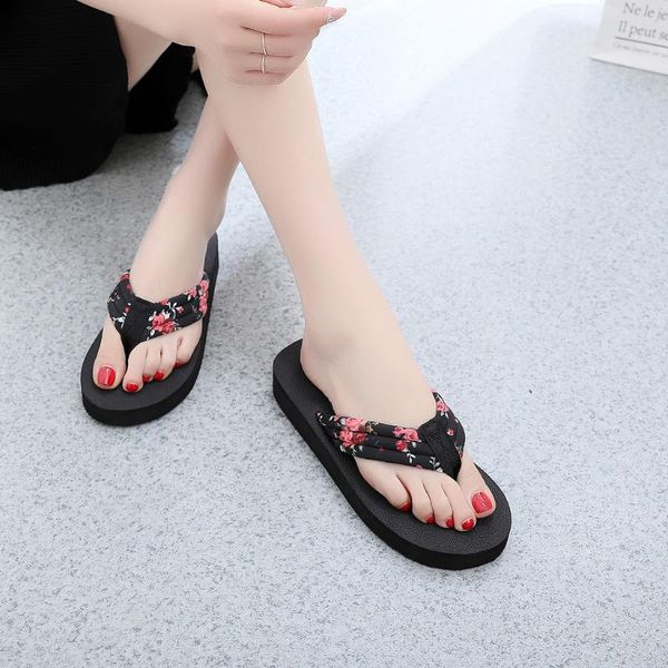 

bohemian female slippers comfortable ethnic style flat women's slippers breathable printing flowers beach cartera mujer, Black