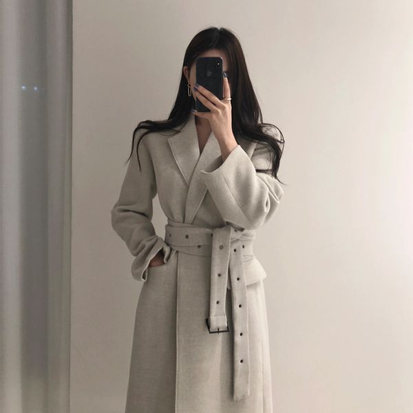 

high qulity woman coats winter wool long coat with belt office lady fashion lace up coats outerwear, Black