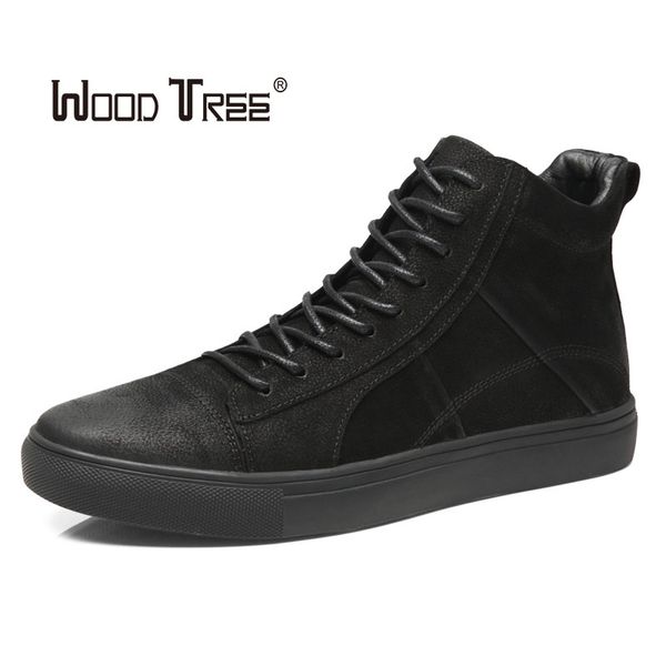 

woodtree spring and autumn black men's leather casual shoes british style high-men's sneakers