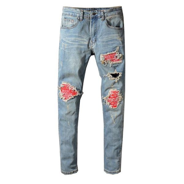 

brand new mens jeans distressed ripped biker designer jeans slim fit motorcycle biker denim jeans 2019 fashion designer pants b100801k, Blue