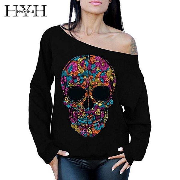 

hyh haoyihui 2019 new fashion autumn simple personality shoulder-shoulder color skull print long-sleeved pullover sweatshirt, Black
