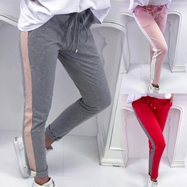 

women trousers high waist drawstring side striped trim palazzo sweatpants women casual exercise long pants female plus size pencil pants, Black;white