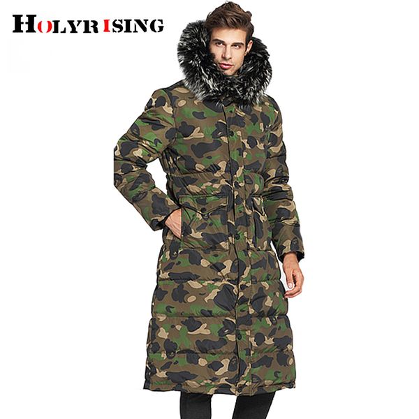 

holyrising extra long down jacket men's over the knee thick plus size big fur winter men down coat -20c white duck 18996-5, Black
