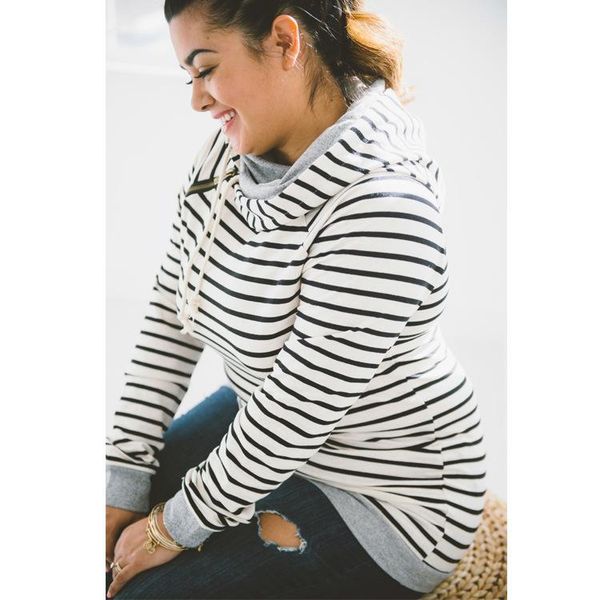 

autumn winter women fashion clothing 2017 new warm sweatshirt with double layer hooded female striped long sleeve fleece pullover rf0138, Black