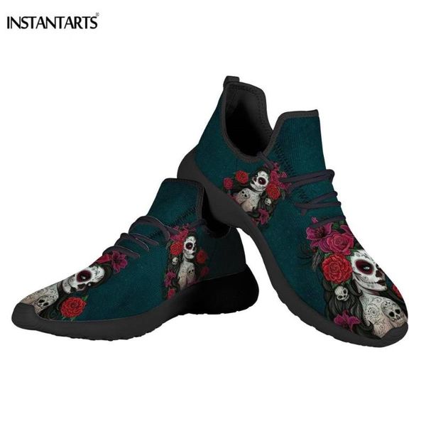 

instantarts women flat shoes the day of death design lace up walk sneakers breathable street style footwear women's shoe sneaker, Black
