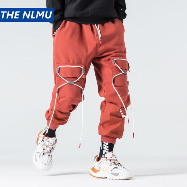 

hip hop streetwear men joggers sweatpants 2019 autumn harem pants street wear cotton pocket ribbon reflective jogger male hz486, Black