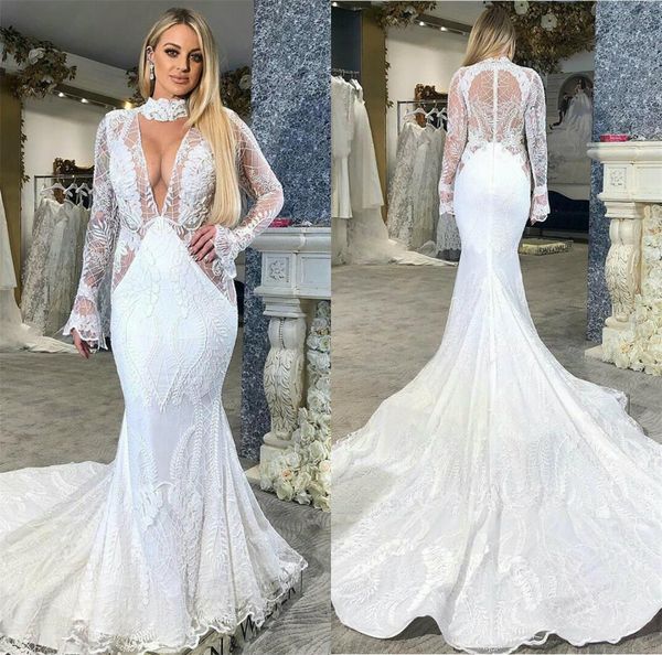 

2020 high neck mermaid wedding dresses lace appliques long sleeve country wedding dress plus size illusion robes de mariée, White