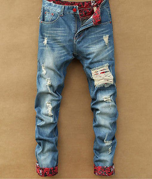 

men's slim skinny runway straight elastic denim pants destroyed ripped jeans, Blue