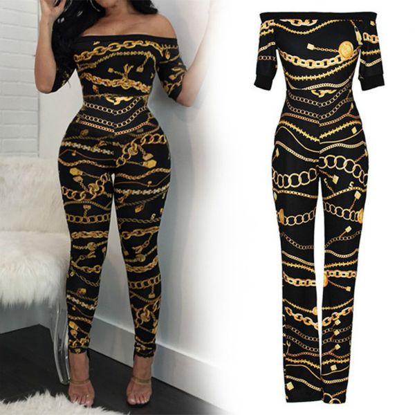 

fashion jumpsuits for womens summer tight-fitting chain print one-shoulder jumpsuits womens designer fashion jumpsuits rompers new, Black;white