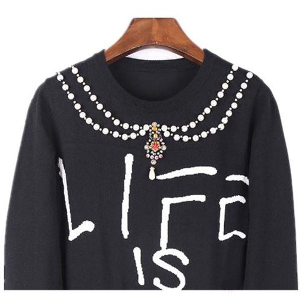 

women harajuku pullovers knit christmas autumn runway designer hoodies letter pearl beading basic knitted black pullover elegant