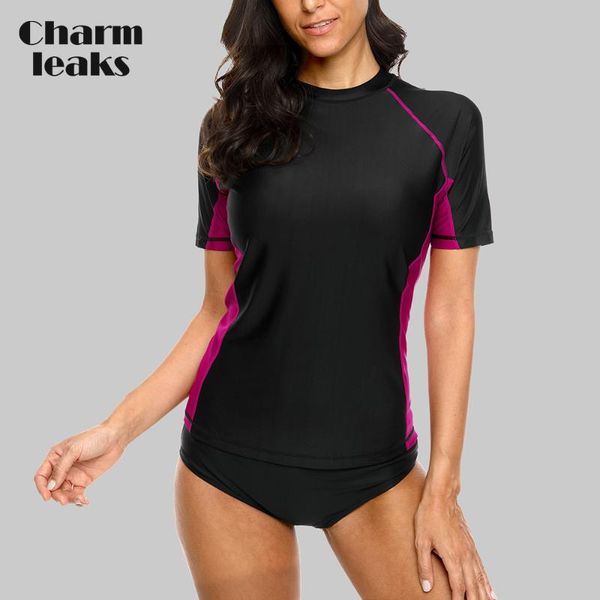

charmleaks women' short sleeve rashguard shirt swimsuit patchwork swimwear surfing running biking shirt rash guard upf50+